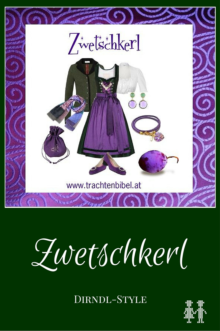 Das Dirndl von Silk & Pearls ist in der spannenden Farbkombination Lila und Dunkelgrün. Mit passenden Accessoires wird es zum tollen Look Zwetschkerl.