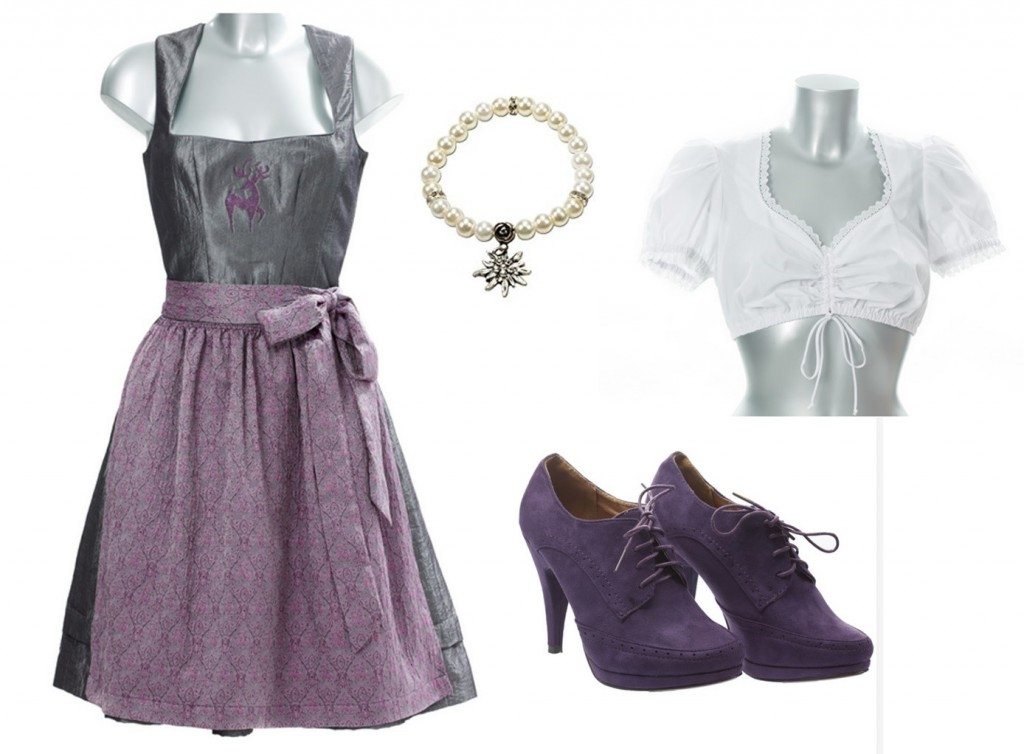 Dirndl Styling in Grau und Lila für die kleine Börse
