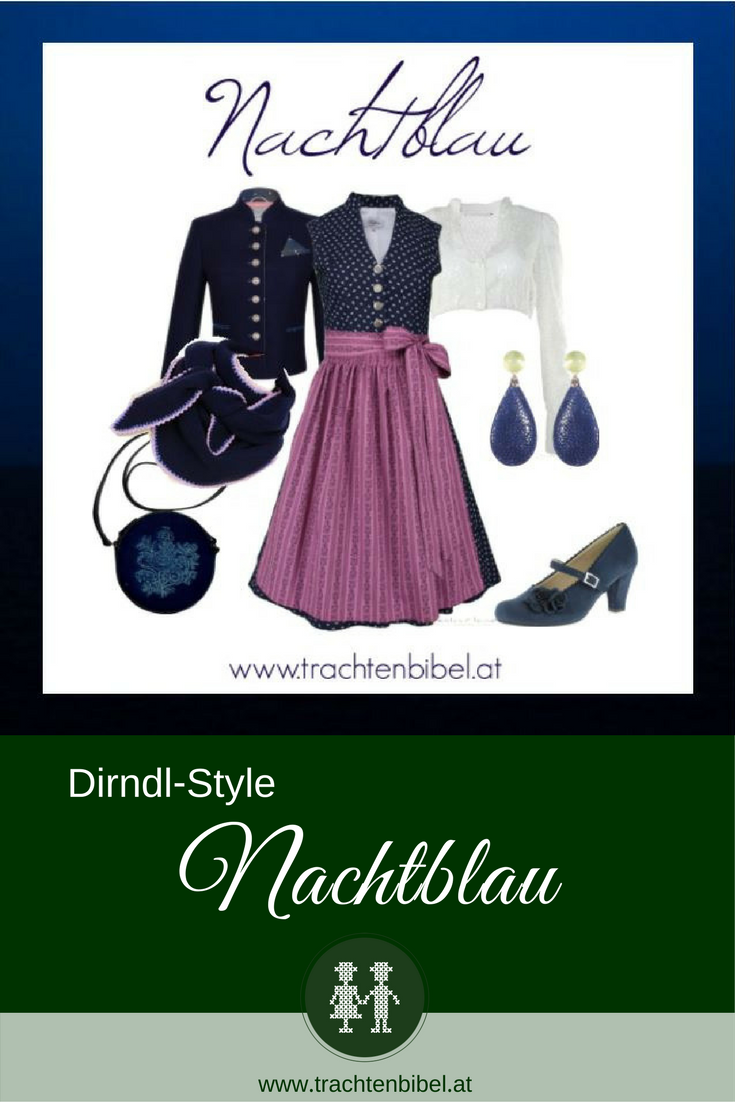 n hochgeschlossenes Vintage-Dirndl in Nachtblau von Goldstich wird mit passenden Accessoires zum perfekten Look. Jetzt nachshoppen!
