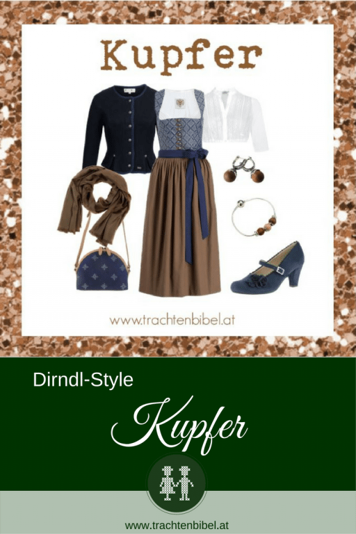 Ein Dirndl-Style in Kupfer und Dunkelblau - zurückhaltende Eleganz. Dirndl und Accessoires gibt es hier zum Nachshoppen. @trachtenbibel folgen und Trends entdecken! #stylingtipp