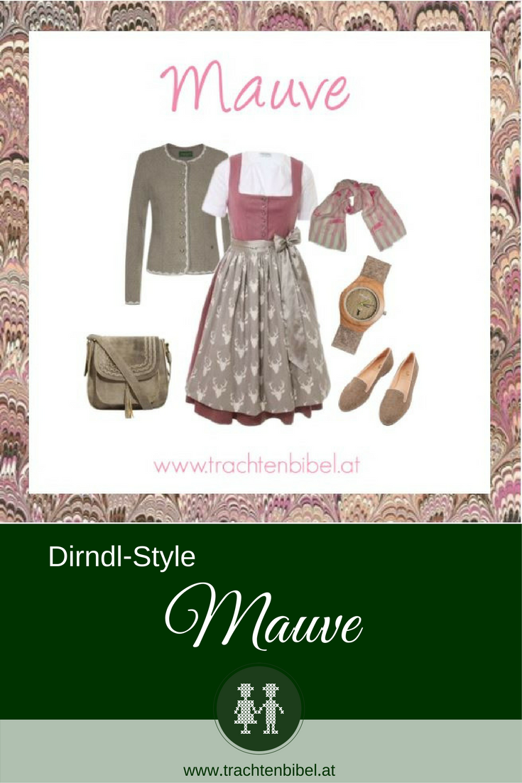 Ein klassisches Dirndl in Mauve von Platzhirsch Bad Aussee mit einer taupefarbenen Schürze wird mit passenden Dirndl-Accessoires zu einem tollen Styling. #dirndlstyle