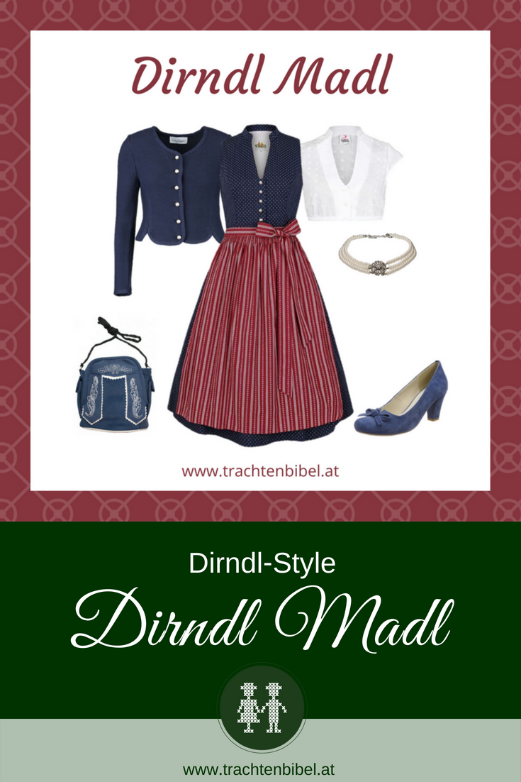 Blaues hochgeschlossenes Dirndl mit roter Schürze