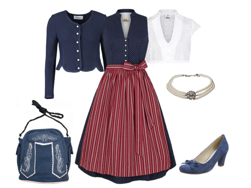 Dirndl Madl - Blaues hochgeschlossenes Dirndl mit roter Schürze