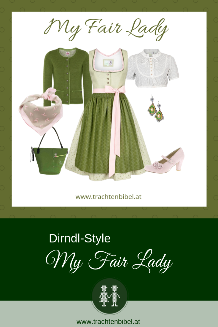 Pin grünes Dirndl von Alpenfee mit rosa Elementen und Accessoires
